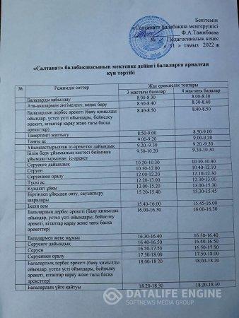 "Салтанат" балабақшасының 2022-2023 оқу жылына күн тәртібі