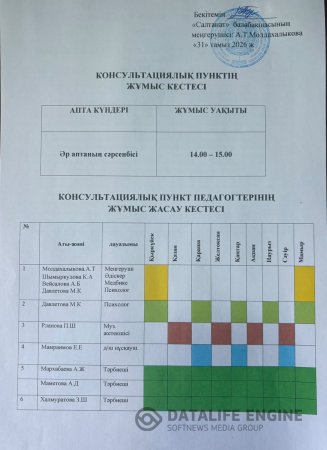Консультациялық пункттің жұмыс кестесі